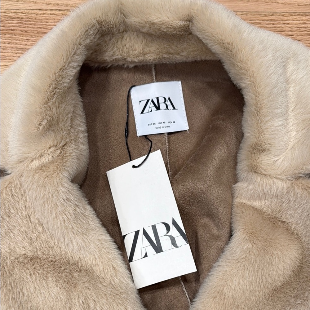 Zara Coat Sherpa Long Tan Teddy with Classic Double-Breasted Design - Picture 3 of 6